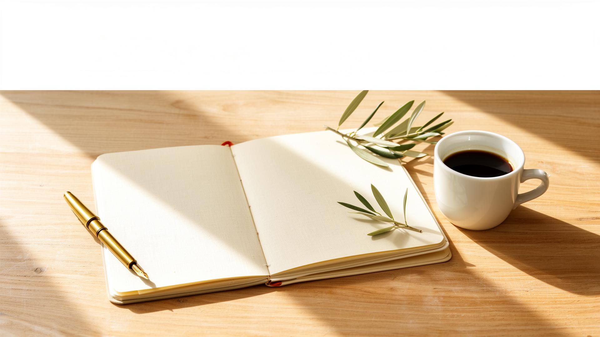Open journal, brass pen and coffee in morning light