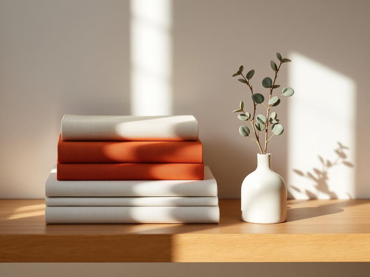 Stacked linen-bound journals in morning light